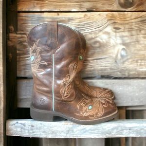 Ariat Women's Bright Eye II Brown Peacock Feather Square Toe Cowgirl Boots 8.5